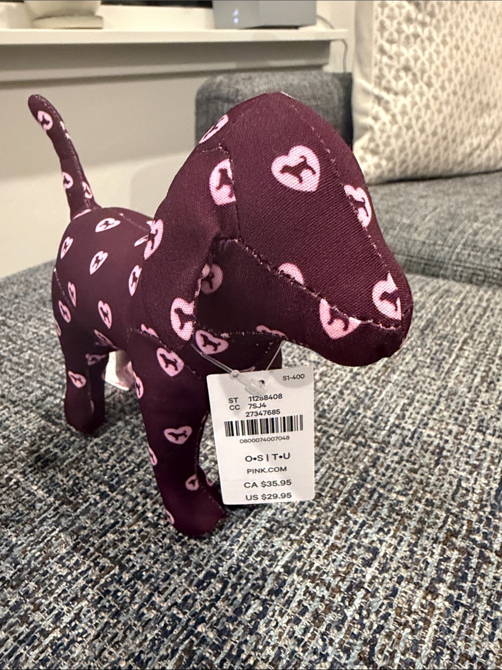 Plush Dog Toy in Burgundy with Pink Heart Pattern - Picture 2 of 2